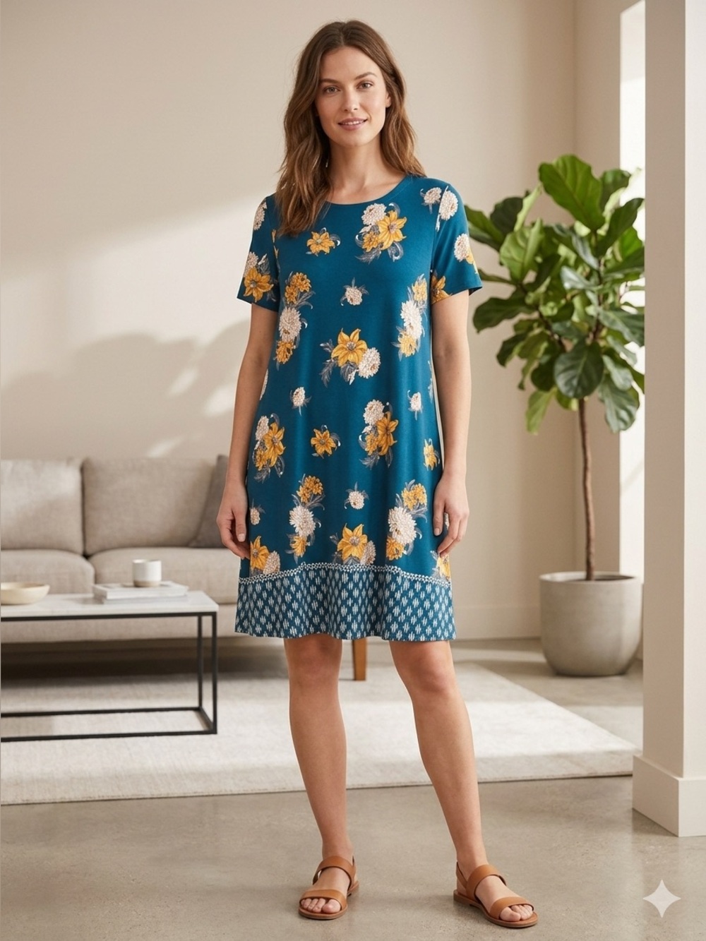 LOFT Teal Floral Short-Sleeve Dress with Mustard Blooms